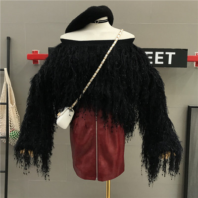 Νέο μοντέλο γυναικείο πουλόβερμε μανίκια πτώσης σε μαύρο και άσπρο χρώμα