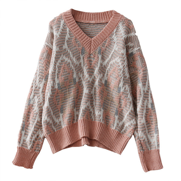 Pulover casual de dama cu decolteu spitz in roz si verde