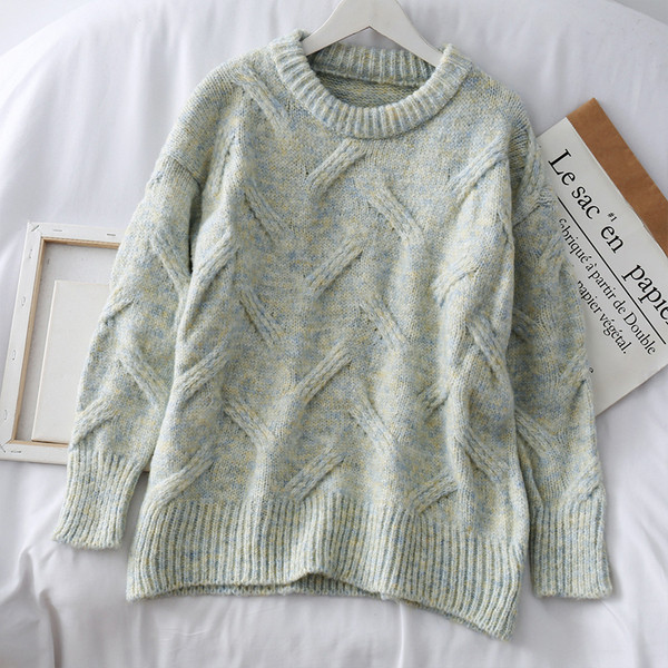 Μοντέρνο γυναικείο πουλόβερ γμε ωοειδές λαιμόκοψη σε ροζ, γκρι, πράσινο και κίτρινο χρώμα