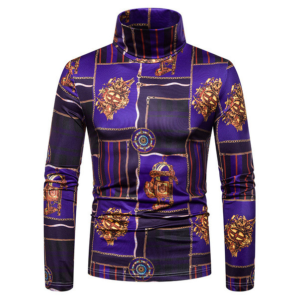 Bluză bărbătească modernă cu guler înalt și mâneci lungi în albastru