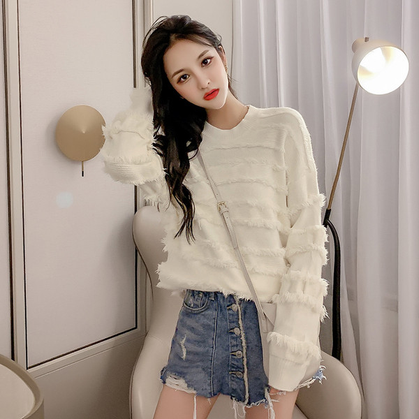 Νέο μοντέλο γυναικείο μοντέρνο πουλόβερ με λαιμόκοψη O σε μπλε, λευκό και ροζ χρώμα