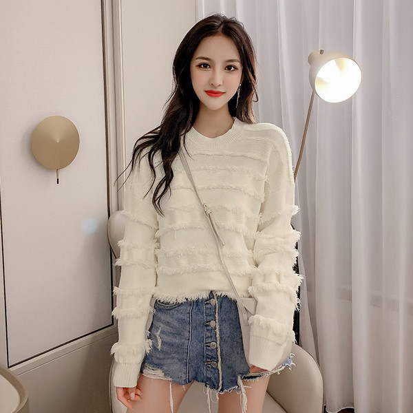 Νέο μοντέλο γυναικείο μοντέρνο πουλόβερ με λαιμόκοψη O σε μπλε, λευκό και ροζ χρώμα