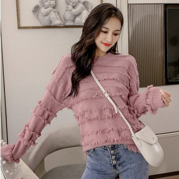 Νέο μοντέλο γυναικείο μοντέρνο πουλόβερ με λαιμόκοψη O σε μπλε, λευκό και ροζ χρώμα