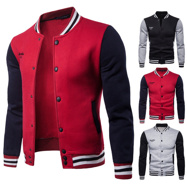 Geaca de toamna moderna pentru barbati cu guler inalt si nasturi in negru, gri si rosu