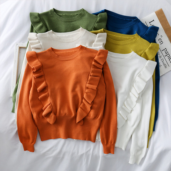 Casual γυναικείο πουλόβερ με βολάν και οβάλ ντεκολτέ σε διάφορα χρώματα