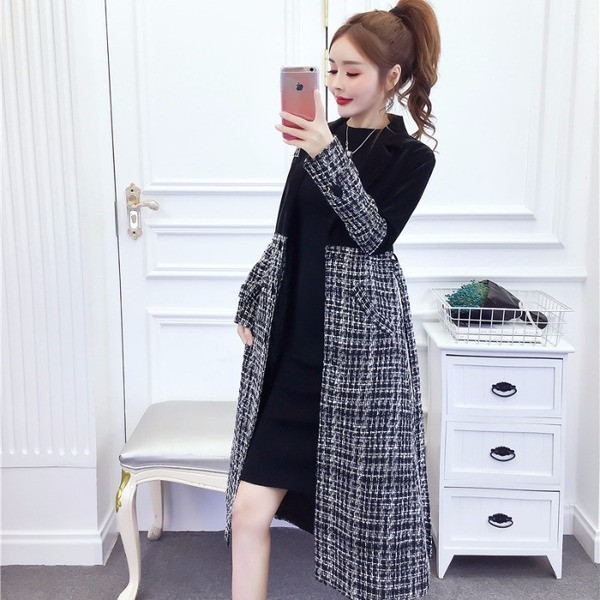 Palton lung, elegant, în carouri, cu nasturi