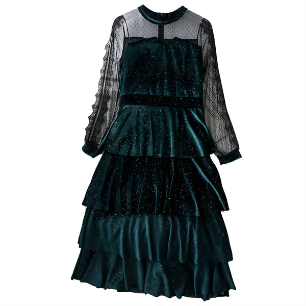 Rochie moderna de dama cu maneca lunga in negru si verde cu efect stralucitor