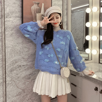 Μοντέρνο γυναικείο πουλόβερ με O-neck και πούλιες σε μοβ, μπλε και ροζ χρώμα