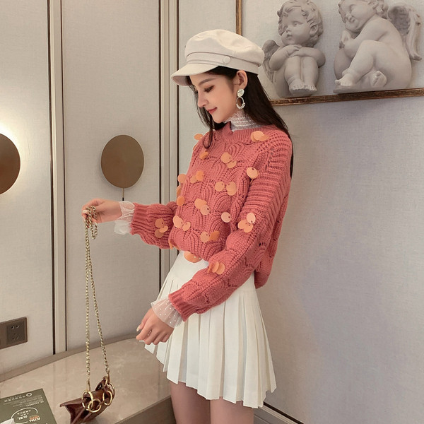 Μοντέρνο γυναικείο πουλόβερ με O-neck και πούλιες σε μοβ, μπλε και ροζ χρώμα