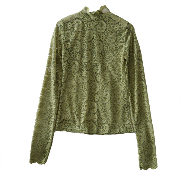 Μοντέρνα γυναικεία μπλούζα από δαντέλα με ψηλό γιακά και μακριά μανίκια