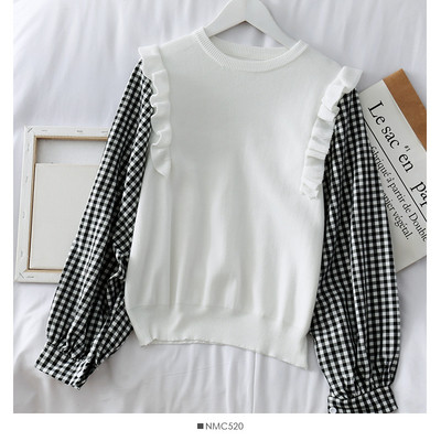 Μοντέρνο γυναικείο πουλόβερμε βολάν σε λευκό και μαύρο χρώμα