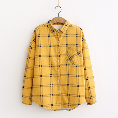 Καρό γυναικείο πουκάμισο με τσέπη και κλασσικό κολάρο σε λευκό, κίτρινο, ροζ, μπεζ και μπλε χρώμα