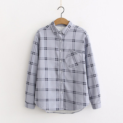 Καρό γυναικείο πουκάμισο με τσέπη και κλασσικό κολάρο σε λευκό, κίτρινο, ροζ, μπεζ και μπλε χρώμα