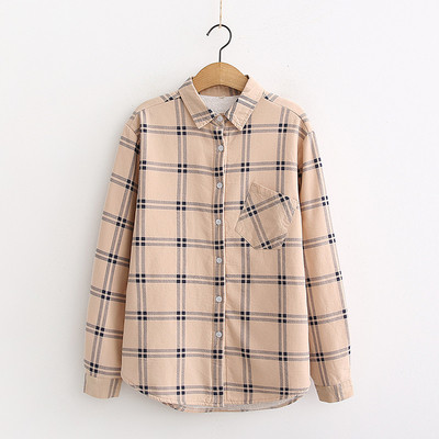 Καρό γυναικείο πουκάμισο με τσέπη και κλασσικό κολάρο σε λευκό, κίτρινο, ροζ, μπεζ και μπλε χρώμα