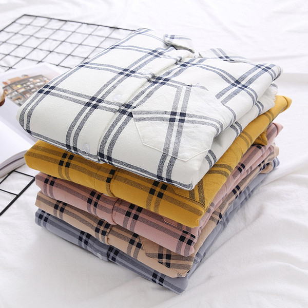 Καρό γυναικείο πουκάμισο με τσέπη και κλασσικό κολάρο σε λευκό, κίτρινο, ροζ, μπεζ και μπλε χρώμα