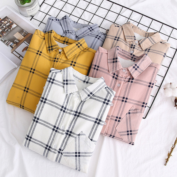 Καρό γυναικείο πουκάμισο με τσέπη και κλασσικό κολάρο σε λευκό, κίτρινο, ροζ, μπεζ και μπλε χρώμα