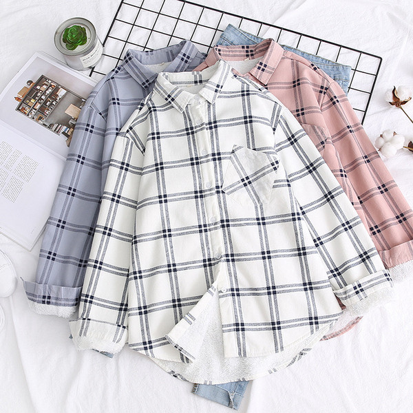 Καρό γυναικείο πουκάμισο με τσέπη και κλασσικό κολάρο σε λευκό, κίτρινο, ροζ, μπεζ και μπλε χρώμα