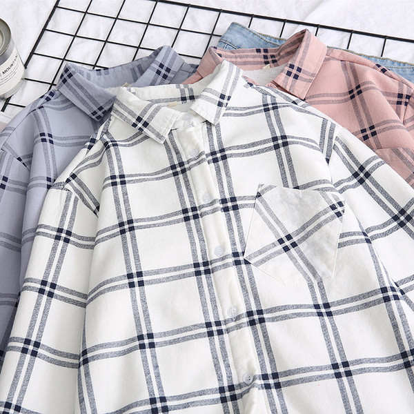 Καρό γυναικείο πουκάμισο με τσέπη και κλασσικό κολάρο σε λευκό, κίτρινο, ροζ, μπεζ και μπλε χρώμα