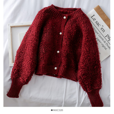 Μοντέρνα γυναικεία ζακέτα με κουμπιά και φαρδύ μανίκι σε μαύρο και μπορντό χρώμα