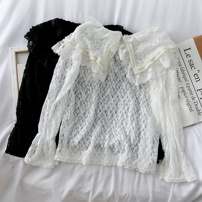 Дамска ежедневна дантелена блуза с яка в бял и черен цвят