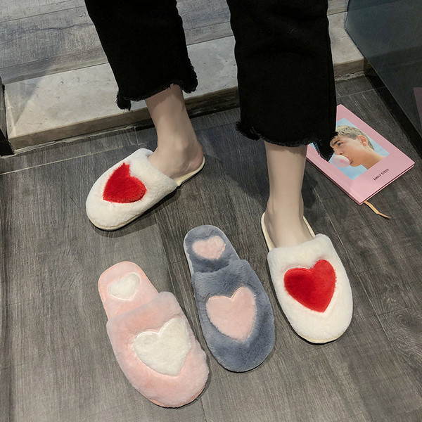 Пухени дамски домашни чехли със сърце в няколко цвята