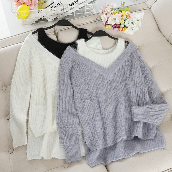 Γυναικείο casual πουλόβερ με γυμνο΄ύς ώμους ασύμμετρη μοτίβο