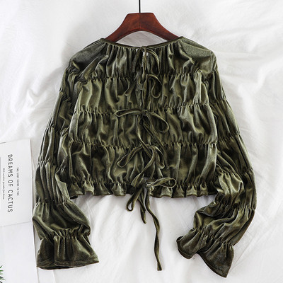 Μοντέρνα γυναικεία μπλούζα με κορδόνια σε πράσινο, ροζ και μαύρο χρώμα