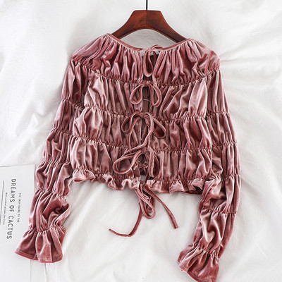 Μοντέρνα γυναικεία μπλούζα με κορδόνια σε πράσινο, ροζ και μαύρο χρώμα