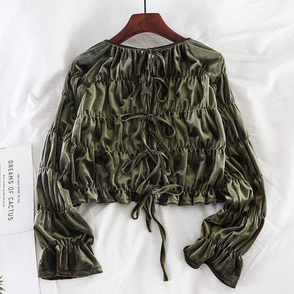 Μοντέρνα γυναικεία μπλούζα με κορδόνια σε πράσινο, ροζ και μαύρο χρώμα