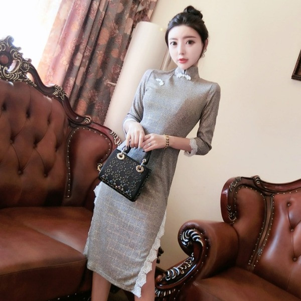 Rochie moderna de dama lunga cu maneci 3/4 si guler inalt