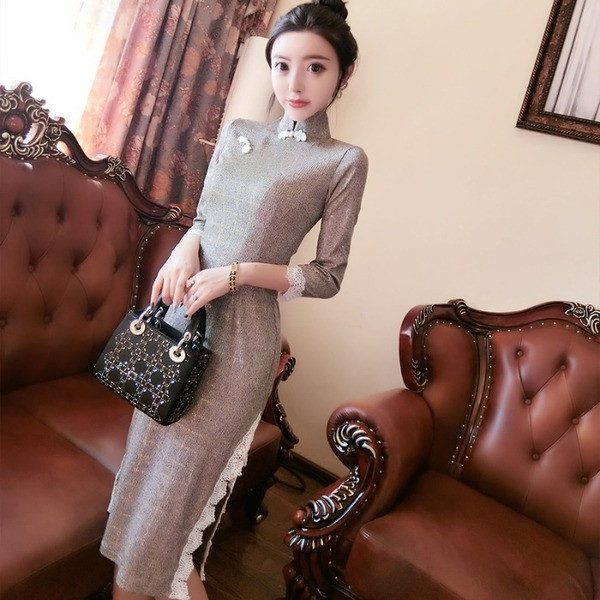 Rochie moderna de dama lunga cu maneci 3/4 si guler inalt