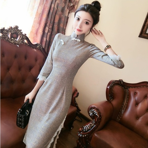 Rochie moderna de dama lunga cu maneci 3/4 si guler inalt