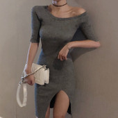 Modern női ruha hasítékkal, 3/4 ujjú szürke és fekete színben