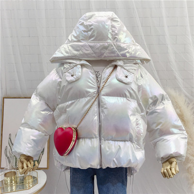 Geaca de iarna de dama cu gluga in culorile roz, galben si gri