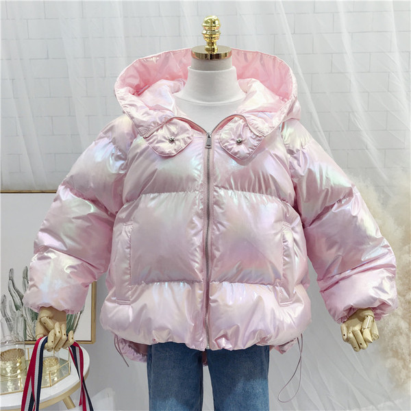 Geaca de iarna de dama cu gluga in culorile roz, galben si gri