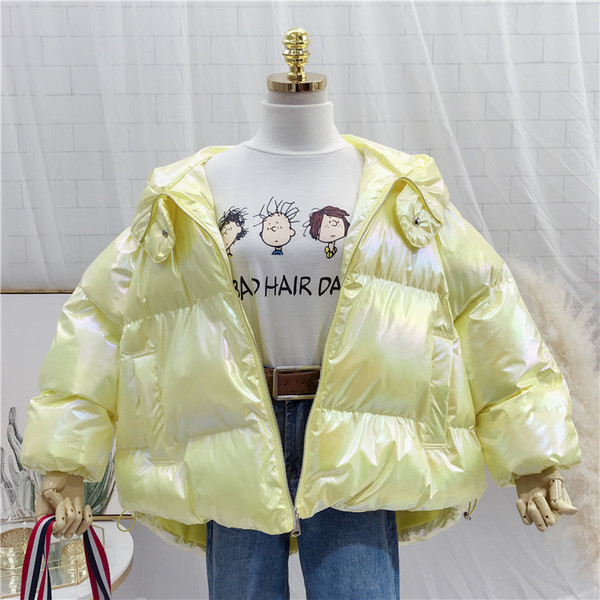 Geaca de iarna de dama cu gluga in culorile roz, galben si gri