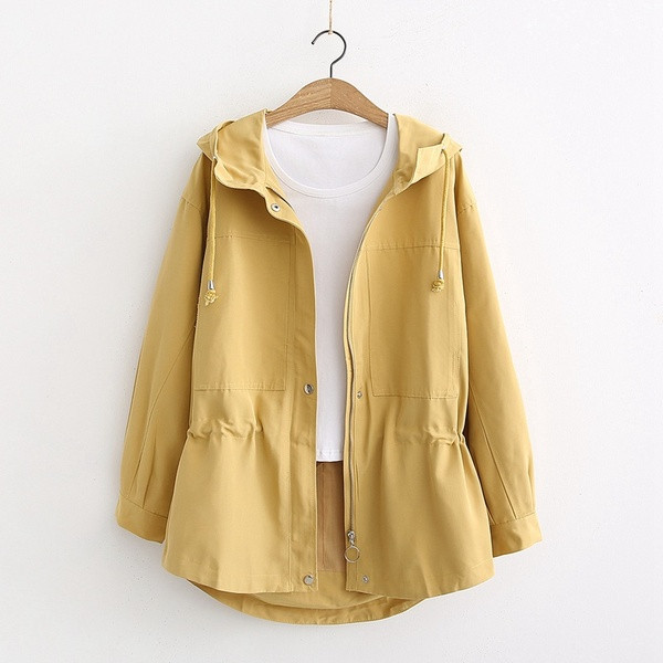 Palton de toamna de dama model nou cu gluga in galben si roz