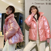 Jachetă scurtă de damă modernă cu efect strălucitor și guler înalt în șase culori