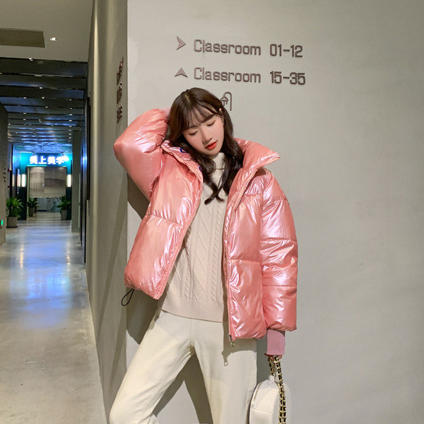 Jachetă scurtă de damă modernă cu efect strălucitor și guler înalt în șase culori