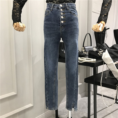 Нов модел модерни дамски дънки с висока талия и копчета в син и сив цвят
