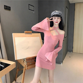 Μοντέρνο γυναικείο φόρεμα με λωτού μανίκια με ροζ και γκρι χρώμα