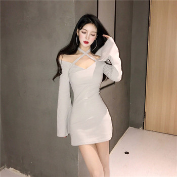 Μοντέρνο γυναικείο φόρεμα με λωτού μανίκια με ροζ και γκρι χρώμα