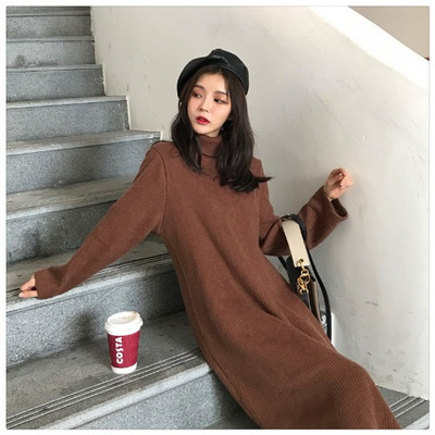 Μακρύ και ευρύ πλεκτό φόρεμα με κολάρο - τρία χρώματα