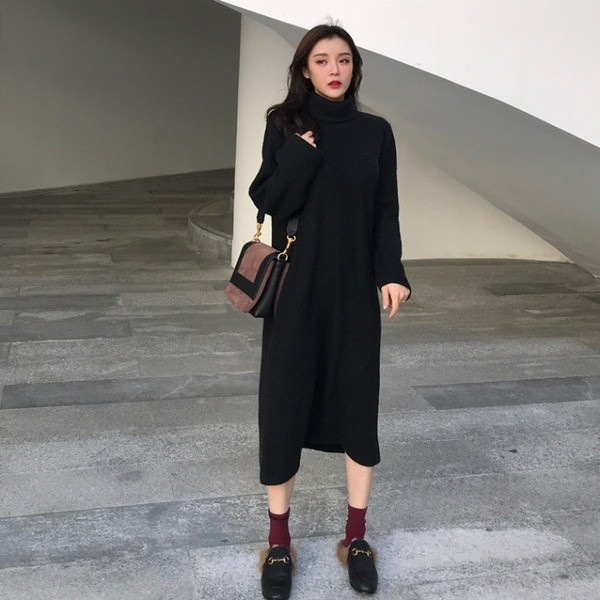 Μακρύ και ευρύ πλεκτό φόρεμα με κολάρο - τρία χρώματα