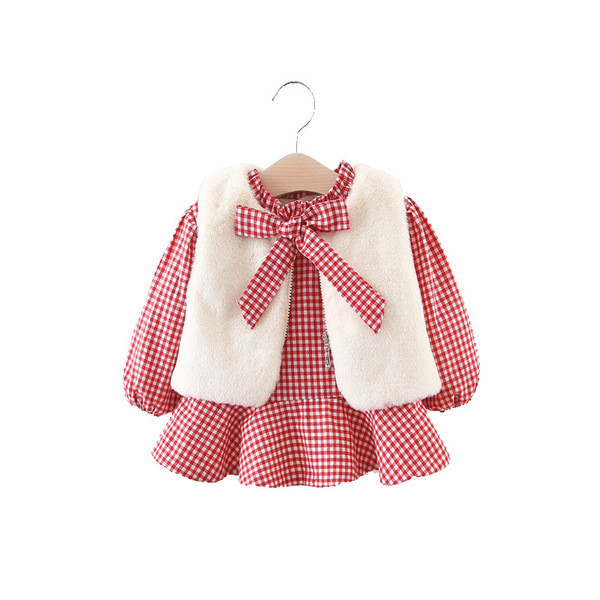 Set modern pentru copii din două părți rochie în carouri + vestă în roșu și negru