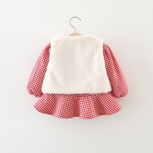 Set modern pentru copii din două părți rochie în carouri + vestă în roșu și negru