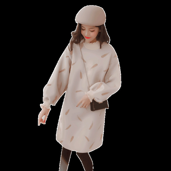 Γυναικείο φόρεμα χειμωνιάτικο  με υψηλό κολάρο και μακρύ μανίκι μπεζ και κίτρινο χρώμα