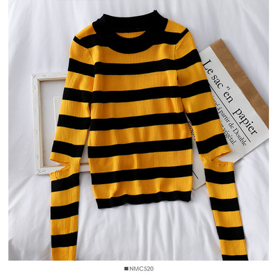 Női alkalmi pulóver ovális nyakkivágással és hosszú ujjú fehér és sárga színben