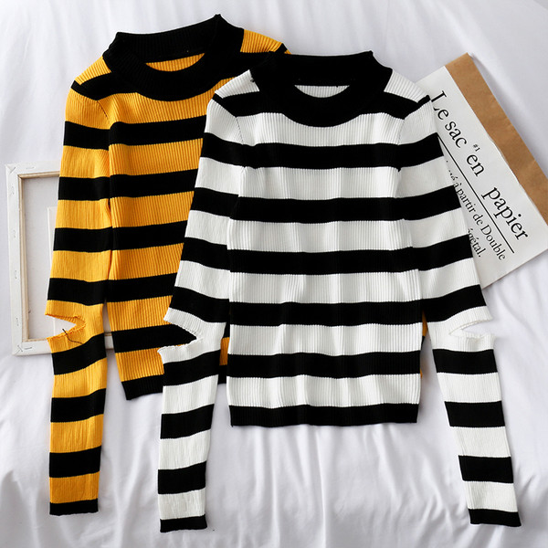 Női alkalmi pulóver ovális nyakkivágással és hosszú ujjú fehér és sárga színben