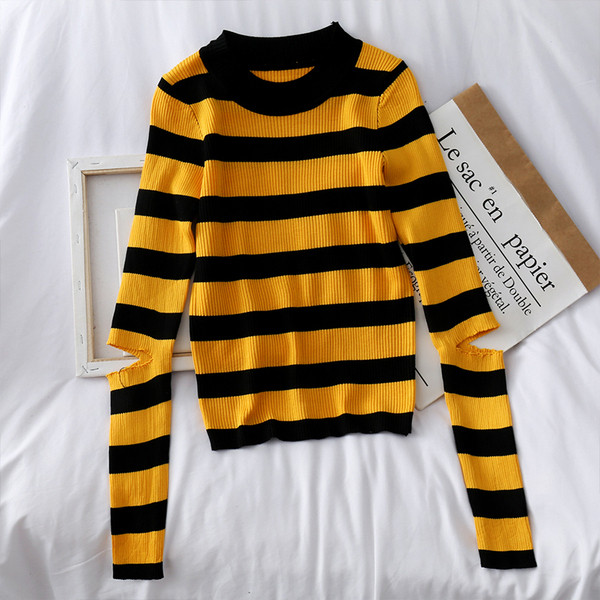 Női alkalmi pulóver ovális nyakkivágással és hosszú ujjú fehér és sárga színben